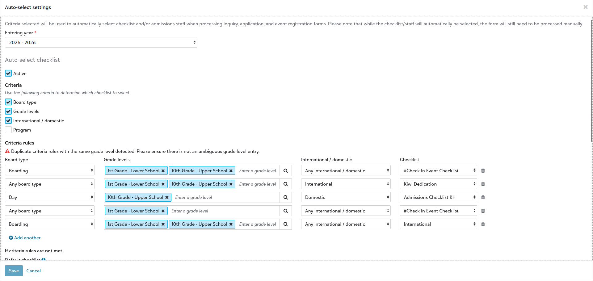 Duplicate Criteria Warning